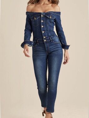 VENUS Off-Shoulder Dark Blue Denim Jumpsuit